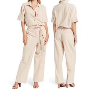 FRNCH Maurane Belted Button Front Short Sleeve Cotton Jumpsuit